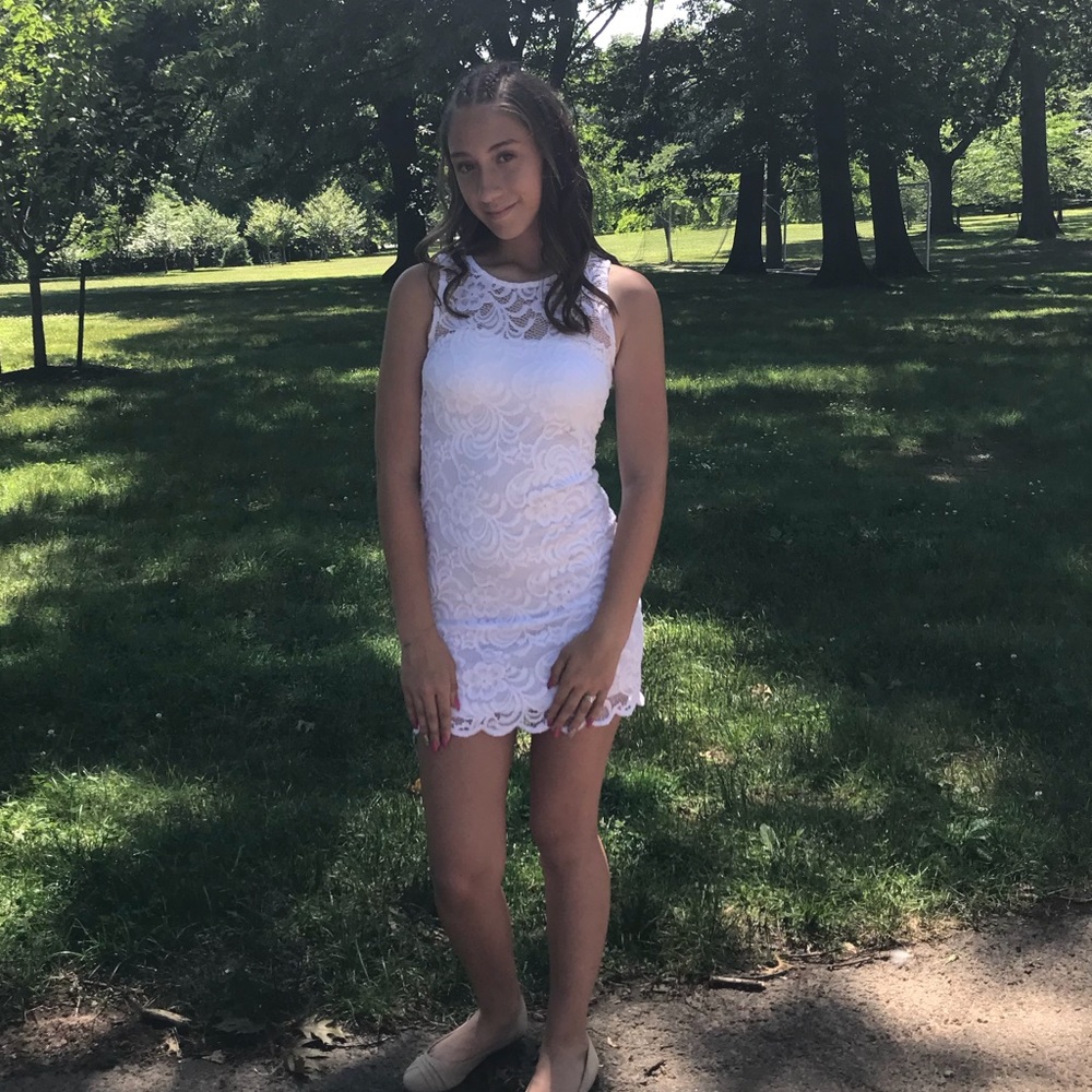 white lace fitted dress